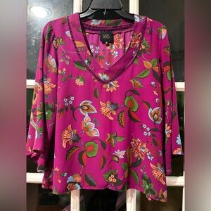 W5 Women's Floral V-Neck Blouse - Magenta and Green